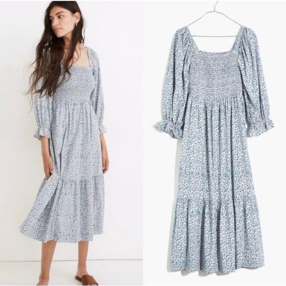 Lucie Elbow-Sleeve Smocked Midi Dress in Sunflower Field size S